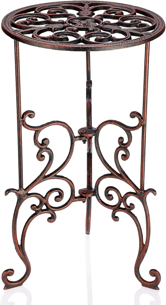 OwnMy Cast Iron Tall Plant Stand Heavy Duty Vintage Wrought Iron Flower Pot Holder, Decorative 1-Tier Potted Plant Holder Rack, Indoor Outdoor Large Metal Plant Stand for Patio Garden, Red Bronze