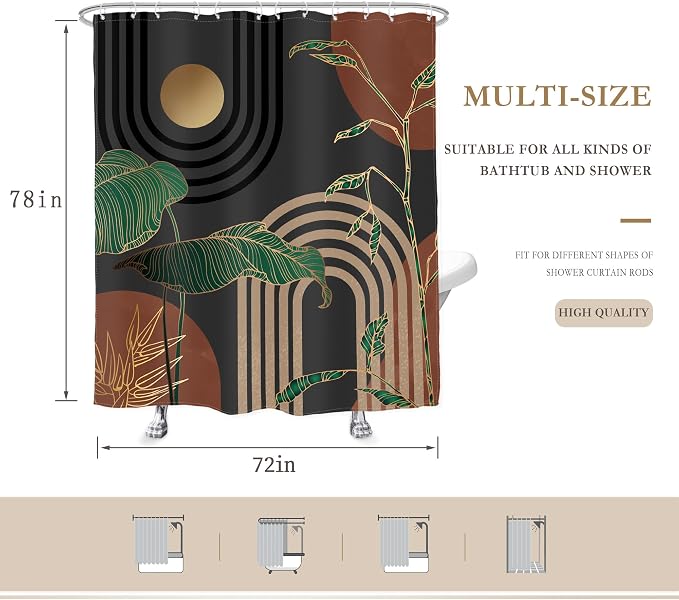 Glawry Brown Abstract Mid Century Shower Curtain Boho Retro Tropical Palm Tree Sun Arch Modern Bathroom Aesthetic Geometric 72Wx78L Inches Bath Accessories Art Home Decor Fabric 12 Pack Hooks