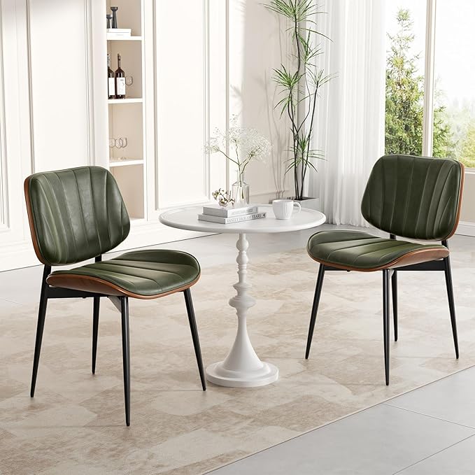 Dining Chair, Mid Century Modern Dining Room Chairs, Upholstered Faux Leather Kitchen Chairs with Walnut Bentwood Back and Metal Legs for Kitchen Dining Room Living Room, Green