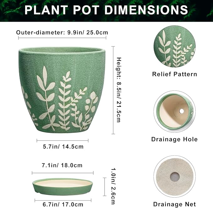 10 Inch Ceramic Plant Pot with Drainage and Saucer - Large Decorative Flower Pot for Indoor and Outdoor Plants, Round Indoor Planter, Gifts for Plant Lovers, Home Office Patio Decor, Green