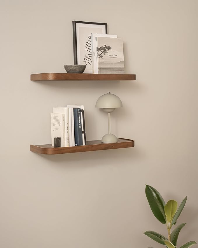 Kazai.® 23.6 inches Floating Shelves for Wall 'Toke' | Set of 2 Small Mounted Wooden Shelf Units | Modern Wall Decor & Storage for Living Room, Bathroom, Kitchen, Bedroom & More | Walnut