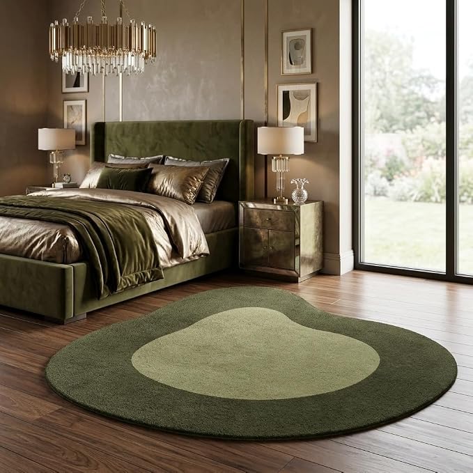 Minimalist Dark Olive Green Irregular Shaped Area Rug for Meetingroom Bedroom Dining Room Contemporary Abstract Irregular Rug 9ft Boho Livingroom Apartment Reversible Non Slip Washable Floor Carpet