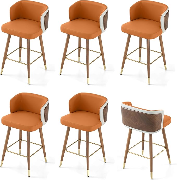 ARTPLAN Mid Century Modern Bar Stools Set of 6 for Counter Height - Leather Upholstered Seat with Walnut Wood Frame, Retro 34 Inch Bar Chairs for Home Kitchen Island, Bar, Breakfast Nook,Dark Orange