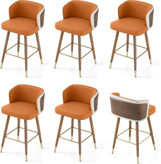 ARTPLAN Mid Century Modern Bar Stools Set of 6 for Counter Height - Leather Upholstered Seat with Walnut Wood Frame, Retro 34 Inch Bar Chairs for Home Kitchen Island, Bar, Breakfast Nook,Dark Orange