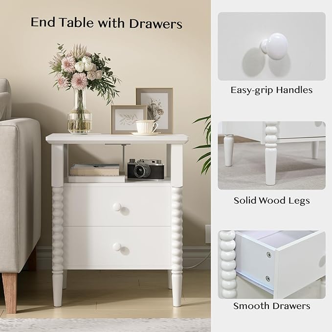 White Night Stand Set 2, Vintage Nightstand with Charging Station, Bedside Table with 2 Drawers, End Table with Solid Wood Legs, Bed Side Tables for Bedroom, White