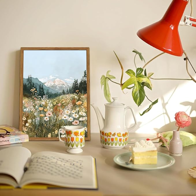 Framed Boho Landscape Wall Art, Colorful Floral Mountain Pictures Wall Decor, Vintage Wildflower Nature Paintings Canvas Prints Rustic Home Decor for Living Room Bedroom Office 16x24 inch