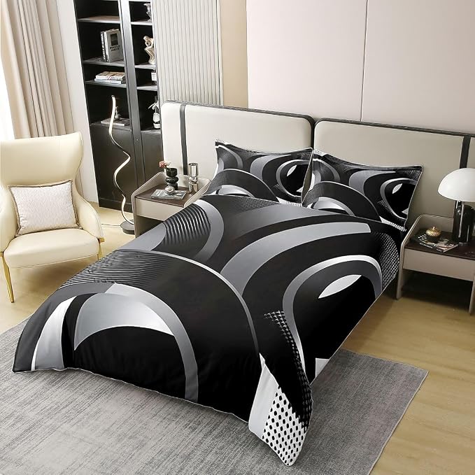 Erosebridal Gray Black White Spiral Bedding Set Full Swirls Stripes Geometric 100% Cotton Duvet Cover Minimalists Boho Comforter Cover for Kids Teens Adults Graffiti Art Lines Bed Set 3 Pcs