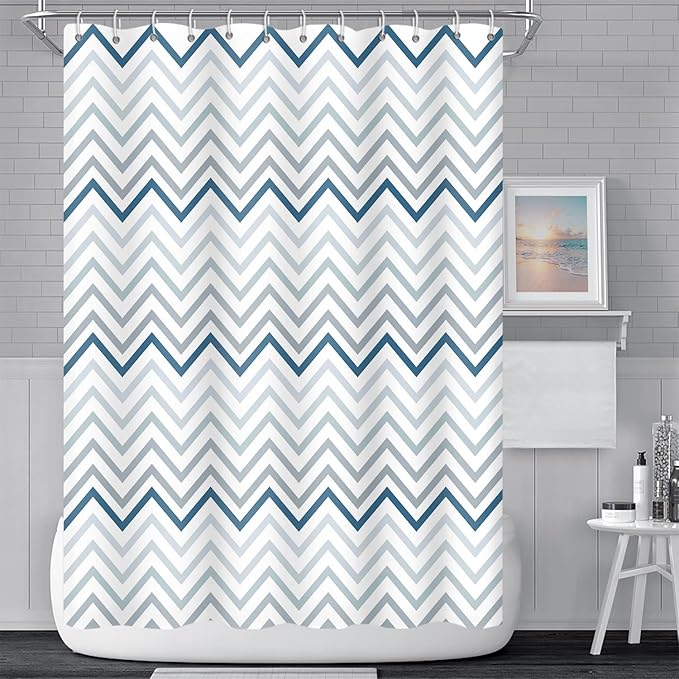 Grey and Blue Pattern Bathroom Shower Curtain Abstract Wave Geometry Line Bath Curtain with Hooks Waterproof Polyester Fabric Shower Curtains for Modern Artistic Bath Decorative, 72x72 Inch
