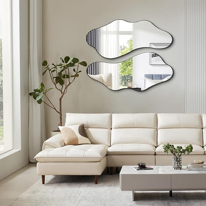 Irregular Wall Mirror, 40"x18" Asymmetrical Bathroom Mirrors with Metal Frame, Odd Shaped Mirror Decorative, Modern Abstract Mirrors for Living Room Bedroom Hallway Entryway Fireplace