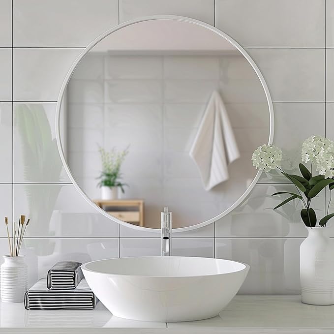 Sunniry White Round Mirror 16 inch, White Circle Mirrors with Matte Metal Frame, Circle Mirrors for Bathroom, Bedroom, Living Room, Hallway.