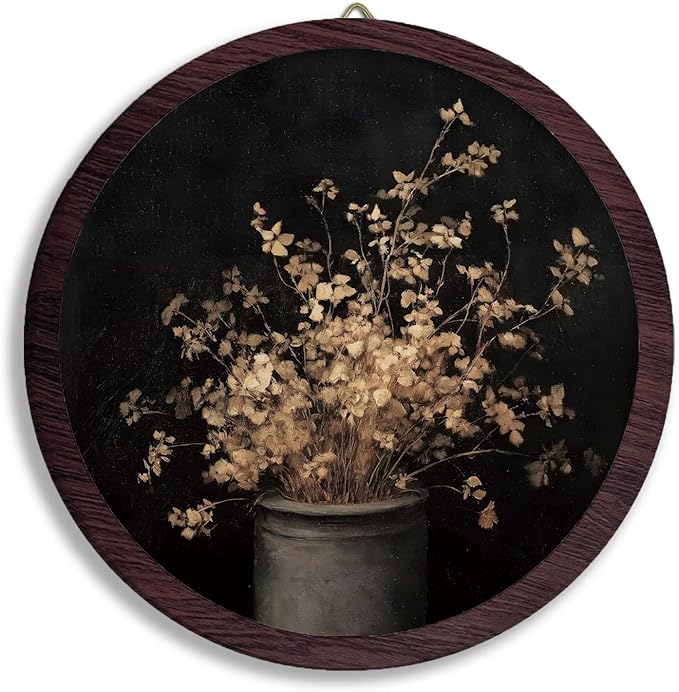 TFKFJLF Vintage Floral Framed Wall Art Decor, Botanical Round Wall Hanging Decor, Cottagecore Hanging, Farmhouse Plant Wooden Prints Wall Art for Home Bathroom Room, 10x10 Inch