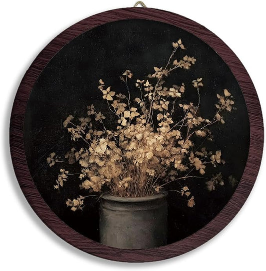TFKFJLF Vintage Floral Framed Wall Art Decor, Botanical Round Wall Hanging Decor, Cottagecore Hanging, Farmhouse Plant Wooden Prints Wall Art for Home Bathroom Room, 10x10 Inch