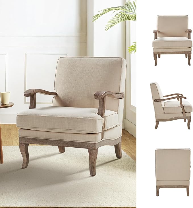 HULALA HOME Mid-Century Modern Accent Chair, Upholstered Lounge Arm Chair with Solid Wood Legs and Armrest, Removable Cushion Comfy Retro Reading Armchair for Living Room, Bedroom, Balcony, Linen