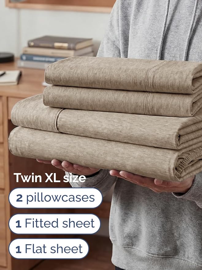 Extra Deep Twin XL Sheet Set - 4 Piece College Dorm Bed Sheets Set with Extra Deep Pockets - Ultra-Soft, Comfy & Breathable Bedding for Women, Men, Kids & Teens - Wrinkle & Fade Free - Heathered Beige