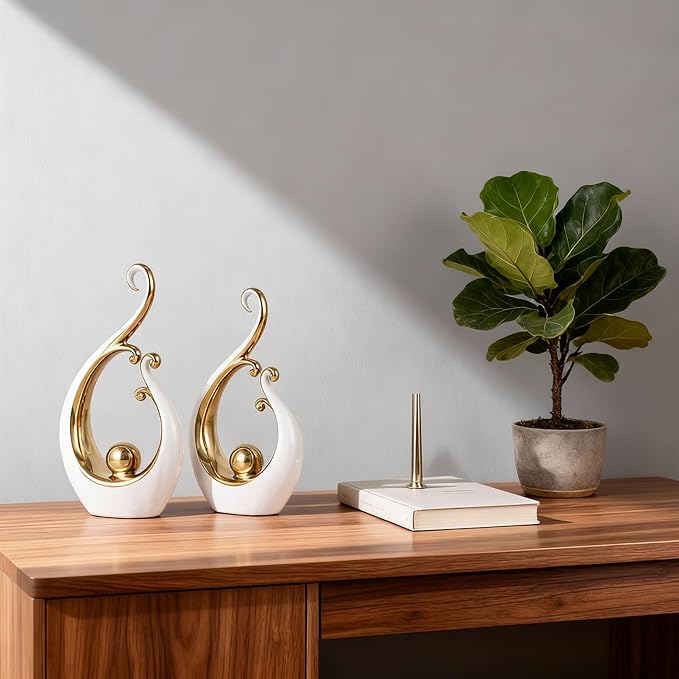 DOVDOV White and Gold Home Decor, Abstract Ceramic 2-Piece Sculpture Set, Modern mid-Century Art Statues, Perfect for Accent Tables, countertops, Coffee Tables, and entryway Decor.