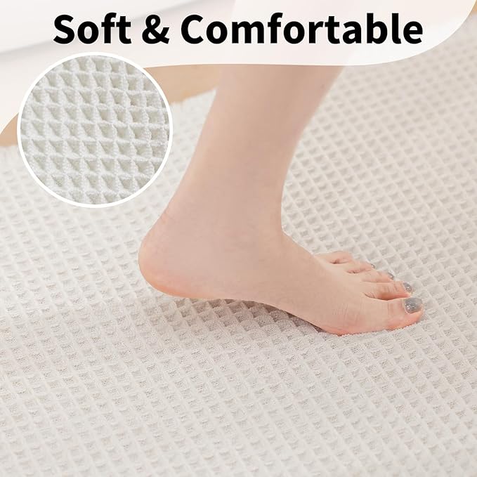 White Bathroom Rugs, Waffle Bath Mat Non Slip Washable, Super Absorbent & Quick Dry, Boho Bath Mat Farmhouse Bathroom Decor, 20'' x 32'', White