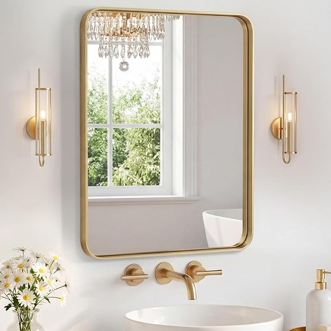 NEWBULIG 16X20 Inch Bathroom Mirror for Over Sink, Wall Vanity Mirrors Tempered Glass, Anti-Rust Metal Framed Rounded Rectangle, Hangs Horizontally or Vertically, Farmhouse Home Decor, Gold