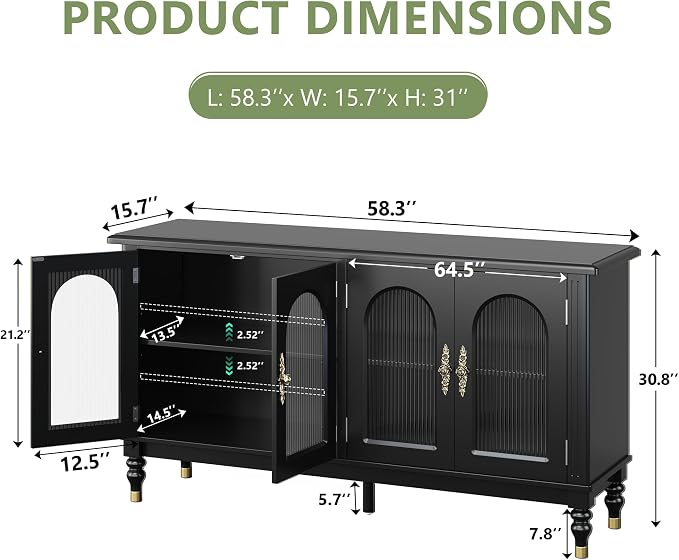 iPormis Fluted Arched Buffet Cabinet Set of 2, 59" Modern Sideboard with Glass Door & Adjustable Shelves, Mid Century Modern Solid Wood Credenza Accent Cabinet for Living Room, Entryway, Black