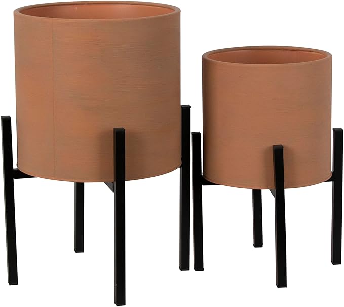 ARNIS Modern Plant Pots, Set of 2 Large Planters with Stand, Decorative Planters, Metal Pots with Drainage Holes for Living Room, Office, Garden or Balcony, 8.25 &10.5 Inch, Terracotta