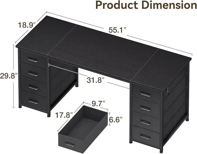 ODK 55 Inch Computer Desk with 8 Fabric Drawers, Modern Office Desk with Large Storage for Home Office, Study, Gaming, Black