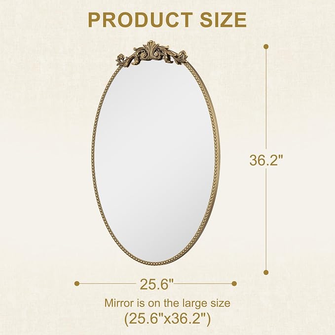 CozyDH Retro Gold Oval Wall Mirror Decor - 25x36 inch Ornate Baroque Style Beaded Metal Frame - Vintage Home Decor for Entryway, Foyer, Fireplace, Living Room, Hallway