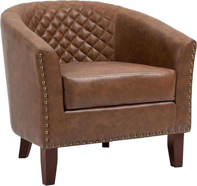 UIXE PU Leather Barrel Accent Chairs Set of 2, Modern Upholstered Armchair Round Club Chair for Living Room, Comfy Nailed Trim Arm Chair Bedroom Side Reading Seat - Brown