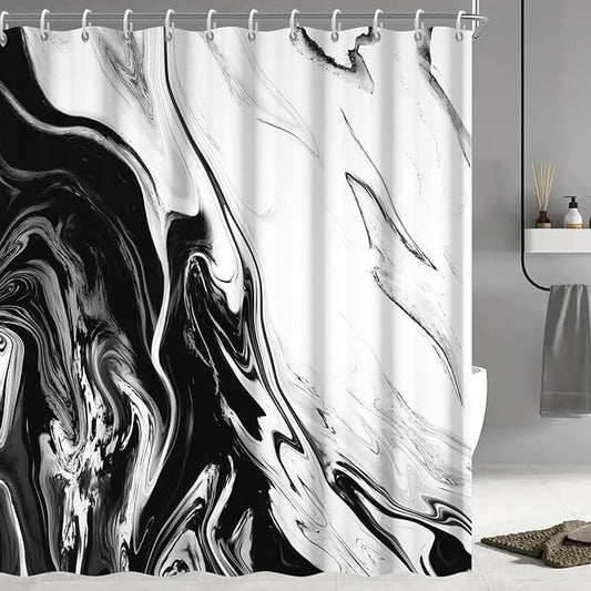 Black and White Shower Curtain, Modern Abstract Black Marble Shower Curtain for Bathroom Aesthetic Ink Texture Waterproof Shower Curtain Set with Hooks, 72x72 Inch