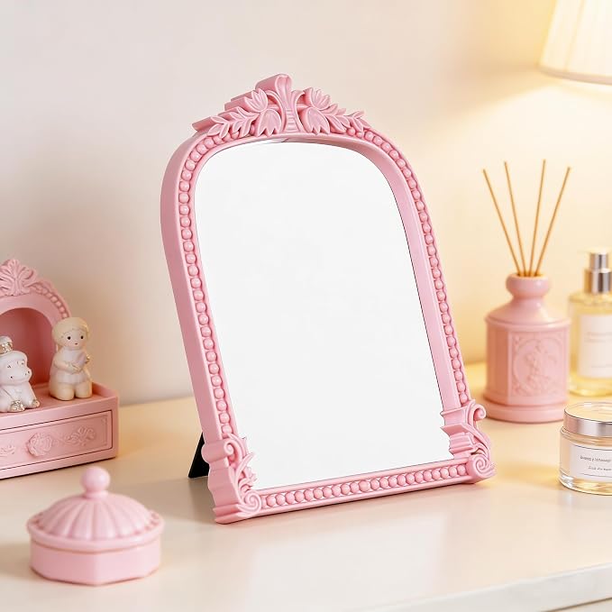 Pink Plastic Arched Makeup Mirror, Standing, Hanging or Wall Mount, Bathroom, Living Room, Bedroom White and Decorative Mirror (Pink-10.6 x 8.6 inch)