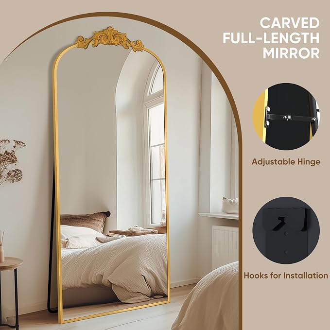 Antok Arched Full Length Mirror, 65"x24" Floor Mirror with Carved, Full Body Mirrors for HomeDecor, Standing/Halling Large Wall Mirror for Bedroom, Living Room, Cloakroom, Gold, Retro Style