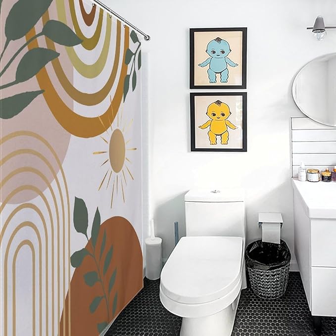 Mid Century Shower Curtain,Boho Modern Abstract Minimalist Gold Sun Bathroom Curtain Polyester Waterproof Fabric Decor 66x72in（168x183cm）