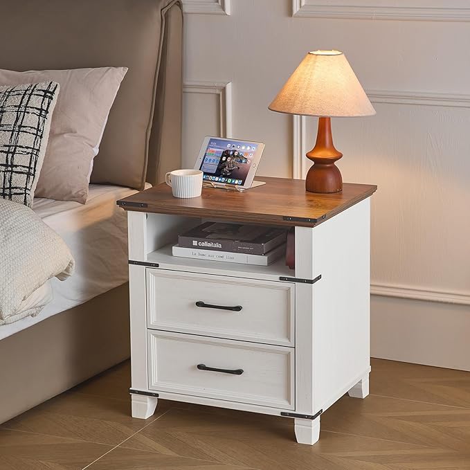 22" Nightstand, 2PCS Farmhouse Nightstand with 2 Drawers,Industrial Bedside Table with Open Shelf for Bedroom Living Room,Office Bed Side Tables Couch End Table,White