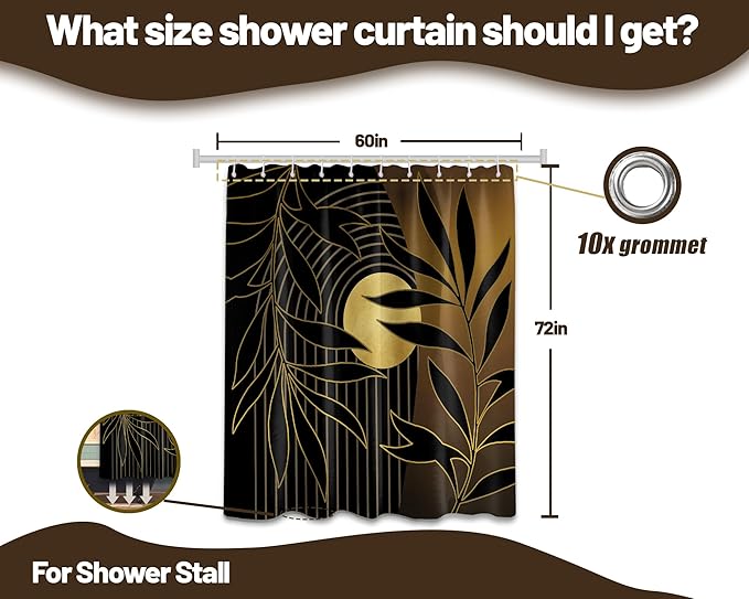 Black and Gold Boho Shower Curtain, Mid Century Modern Shower Curtains for Bathroom, Mens Bath Curtain Set, Waterproof Fabric with Hooks, 60" W x 72" L (Pack of 1)
