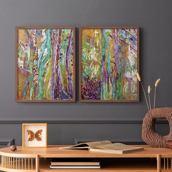 Renditions Gallery Set of 2 Peel & Stick Framed Prints, Modern Abstract Wall Art, Colorful Artistic Painting Wall Decor, Re-Stickable - Ready to Hang - 16"x20" - Walnut Frame LT588