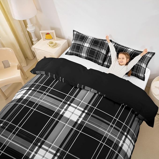 Erosebridal Boys Girls Plaid Bedding Set Twin Black Grey Checkered Duvet Cover for Kids Teens Buffalo Grid Stripes Comforter Cover Modern Geometric Bed Set with Zipper