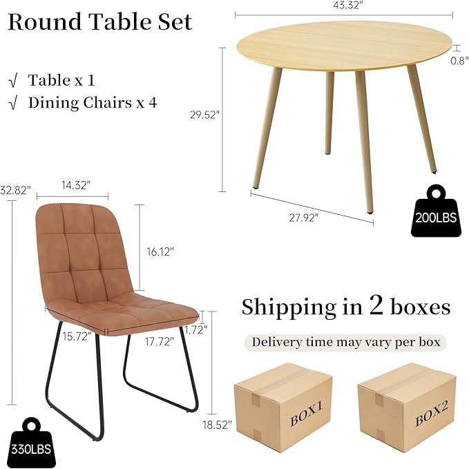 43.3 Inch Round Dining Table Set for 4, Modern Small Kitchen Coffee Set for Dining Room Kitchen Apartment (Cream Table+4 U-Shaped Brown Chairs)