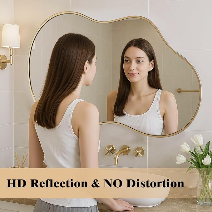 WEER Irregular Wall Mirror, 26x46 inch Gold Asymmetrical Wall Mounted Mirrors Decorative, Abstract Wavy Aluminum Alloy Frame for Bathroom, Bedroom, Living Room, Entryway