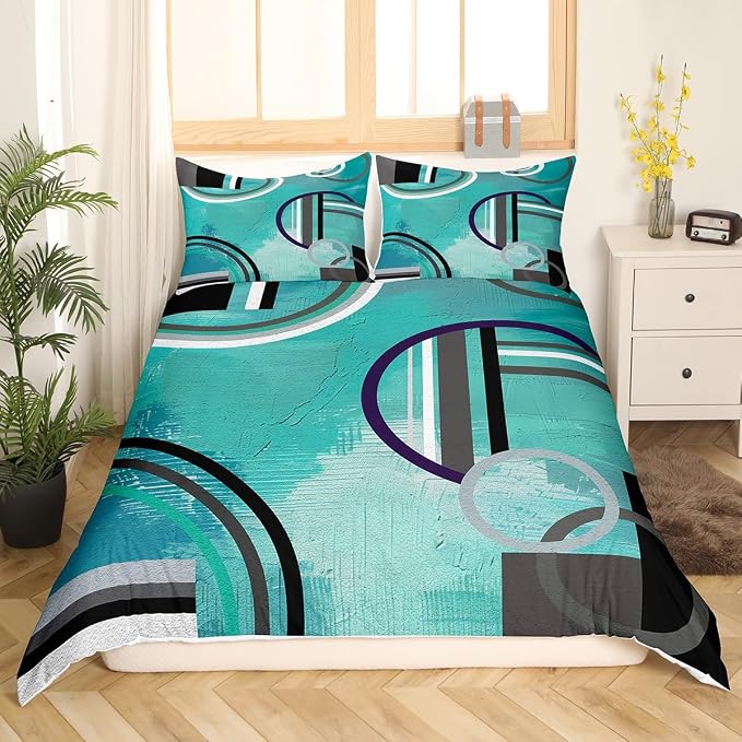 Erosebridal Geometric Circles Duvet Cover Queen,Teal Blue Grey Black Comforter Cover,Ombre Oil Painting Bedding Set,Modern Abstract Tie Dye Quilt Cover,Room Decor Bedspread Cover with 2 Pillow Cases