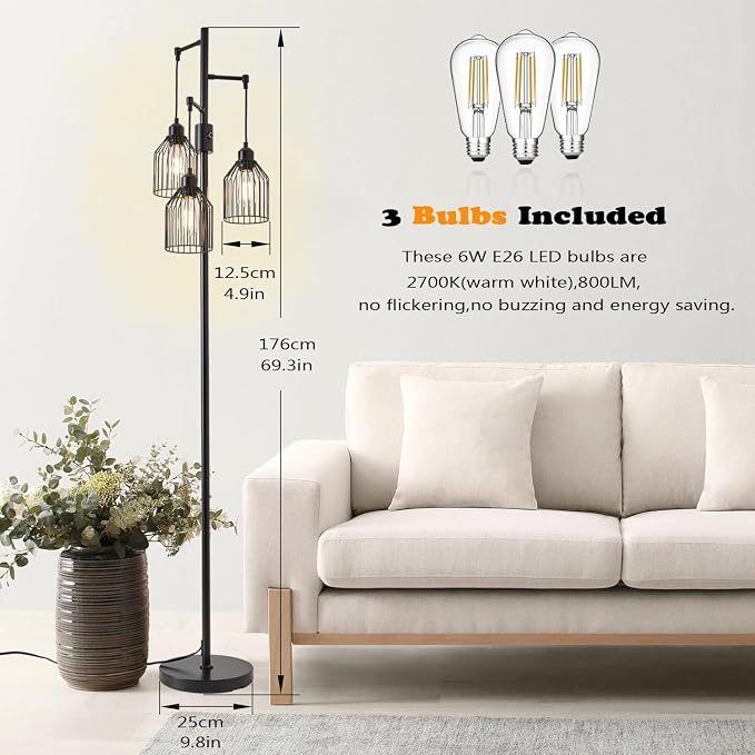 Dimmable Industrial Floor Lamp with 3 Cage Heads, 68.5" Black Tree Standing Lamp with Stepless Dimming, Modern Farmhouse Tall Pole Light for Living Room, Bedroom, Office, E26 Base (Bulbs Included)