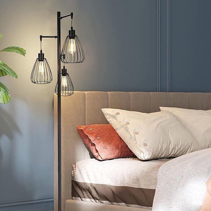 Tangkula Industrial Floor Lamp, 3-Light Tall Tree Lamp with 3 Hanging Lampshades, Freestanding Teardrop Cage Floor Light with Lamp Holder, Bulb, Foot Switch for Hallway, Living Room, Bedroom