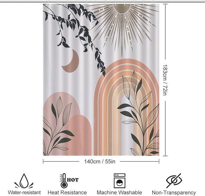 Mid Century Abstract Boho Shower Curtains Geometric Leaf Sun Modern Cafe Waterproof Shower Curtains for Bathroom Decor 12 Pack Hooks 55x72in（140x183cm）