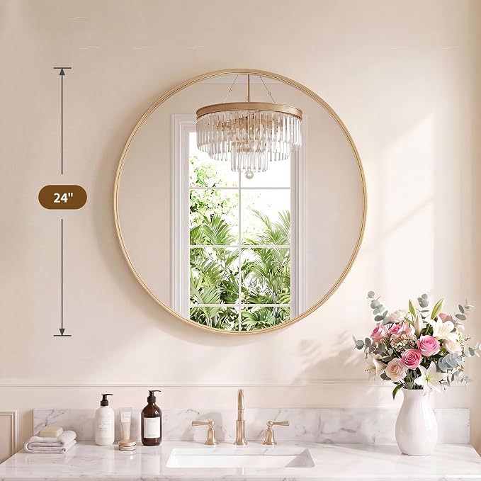 NEWBULIG 24-Inch Round Wall Mirror, Bathroom Wall Circle Mirror with Metal Frame, Bathroom Decor for Entryway, Living Room, Vanity, Gold