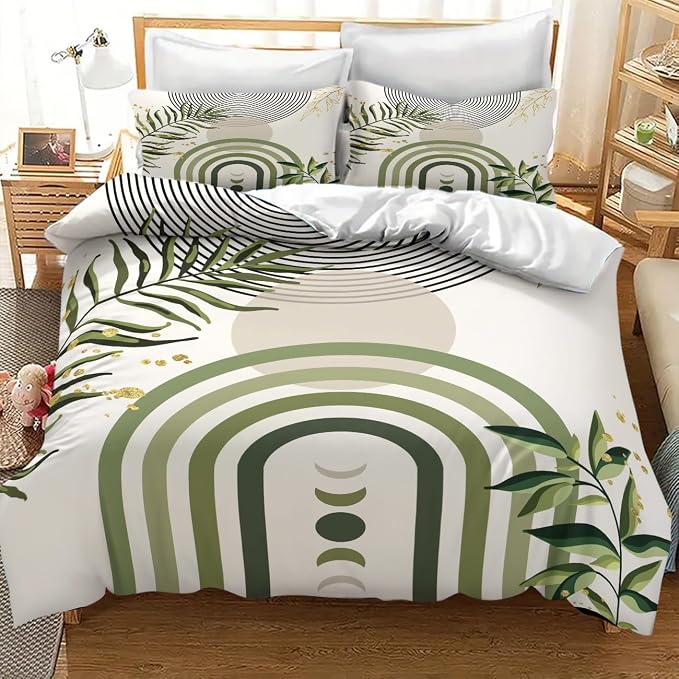 Boho Green Leaf Bedding Set,Abstract Bohemian Mid Century Aesthetic Comforter Set,Modern Simple Minimalist Geometric Plant Botanical Palm Leaf Bed Sets，Twin 86"x70"
