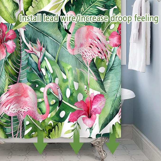 Tropical Pink Flamingo Shower Curtain with Hooks Watercolor Green Palm Leaves Shower Curtains Modern Style Waterproof Fabric for Bathroom Decor Set 72 x 78 Inch