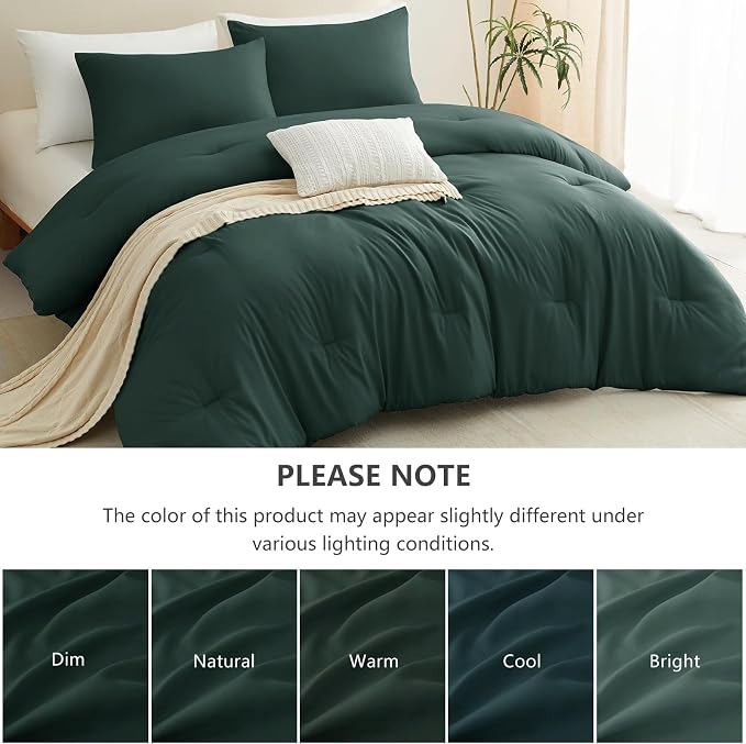 CozyLux King Size Comforter Set Forest Green, 3 Pieces Lightweight Down Alternative Quilted Bedding Sets, All Season Soft Breathable Solid Comforter with 2 Pillowcases, Luxury Bed Set Gift for Home