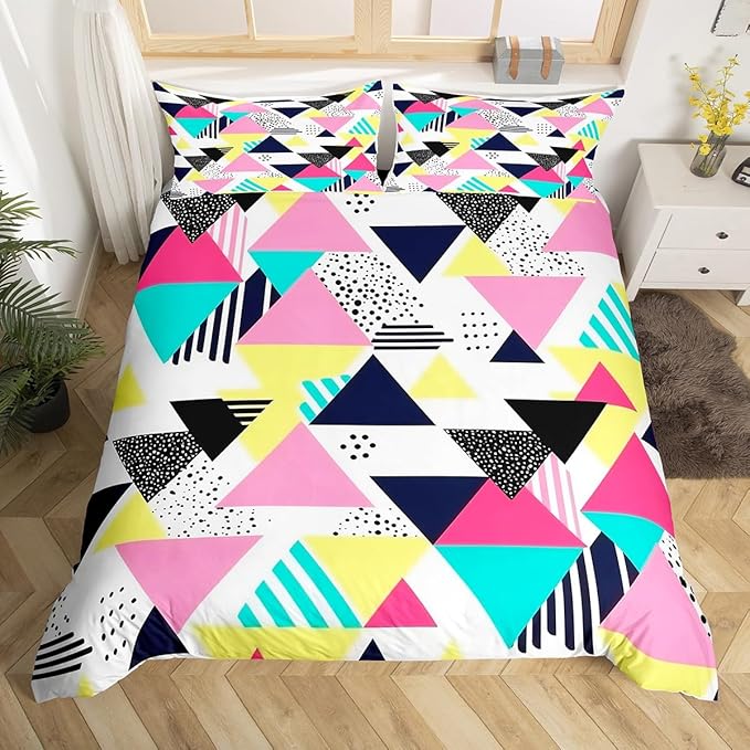 80s 90S Fashion Style Bedding Set Queen Size,Retro Memphis Style Pattern with Geometrical Shapes Duvet Cover for Kids Child,Funky Hipster Old Fashioned Comforter Cover Geometric Bedroom Decor