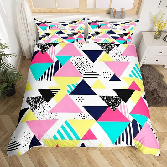 80s 90S Fashion Style Bedding Set Queen Size,Retro Memphis Style Pattern with Geometrical Shapes Duvet Cover for Kids Child,Funky Hipster Old Fashioned Comforter Cover Geometric Bedroom Decor