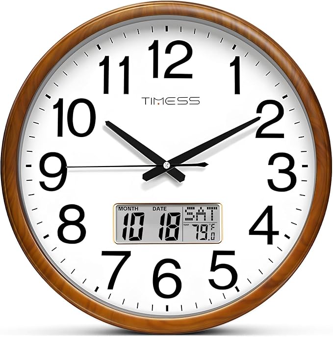 TIMESS Wall Clock, Classic Wood Style Finish, 13 Inch Non-Ticking Silent Battery Operated Quartz Analog with Perpetual Calendar and F° Temperature Display, Home, Office Décor (Chestnut Yellow)