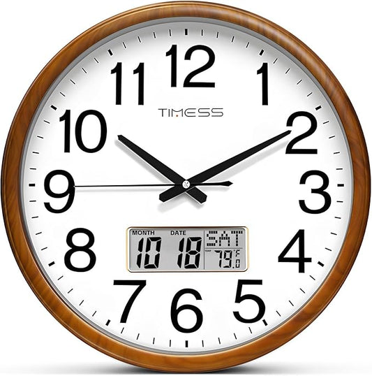 TIMESS Wall Clock, Classic Wood Style Finish, 13 Inch Non-Ticking Silent Battery Operated Quartz Analog with Perpetual Calendar and F° Temperature Display, Home, Office Décor (Chestnut Yellow)