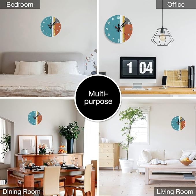 Abstract Color Block Wooden Wall Clock Silent Non Ticking Quartz Movement | 10" 12" Frameless Battery Powered Home Office Kitchen Decor Gift