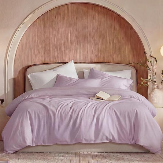 100% Washed Cotton Duvet Cover King Size – Lavender Purple, Linen-Like Texture, Super Soft & Breathable Bedding Set, 3-Piece Durable Percale Comforter Cover